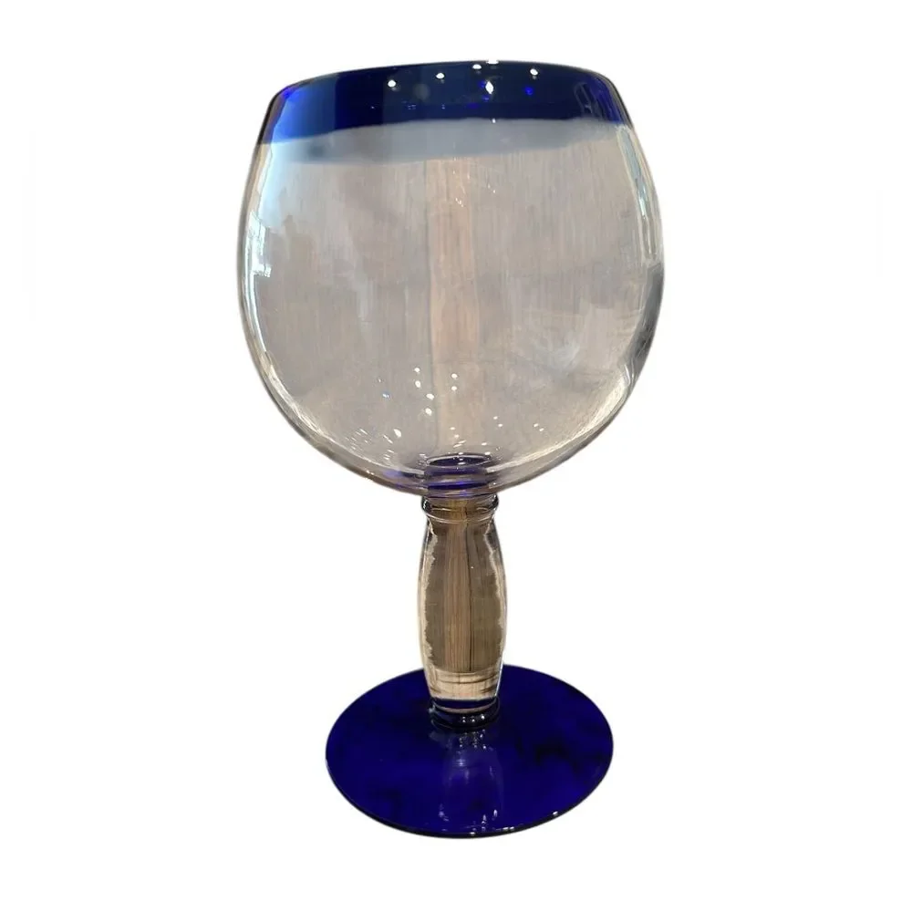 Mexican Handcrafted Cobalt Blue Rim Wine Glass Set of 6